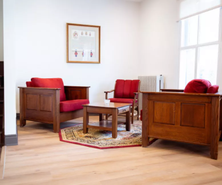 Red upholstered chairs